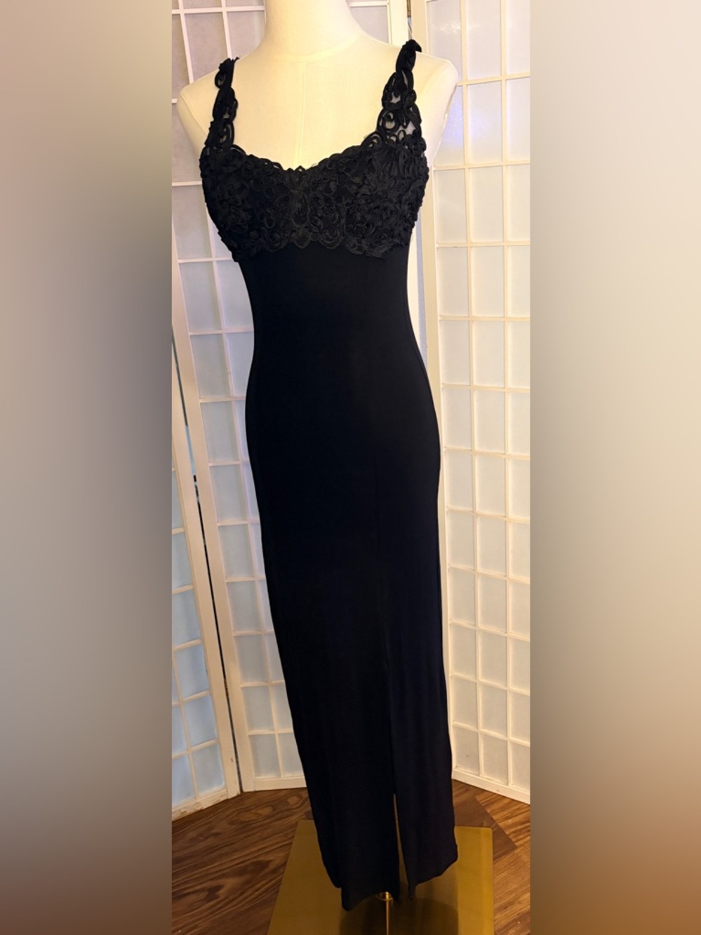VTG Black Slinky Lace Bust Evening Maxi Dress Sz M